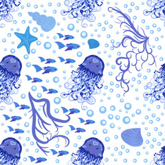 Seamless pattern with detailed transparent jellyfish. Childish seamless pattern with cute hand drawn fishes and jellyfishes in doodle style. Trendy nursery background