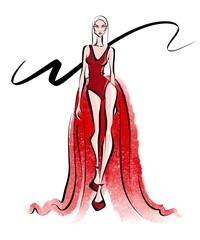 Wall Mural - Bright watercolor fashion illustration of a blonde model in a red dress.