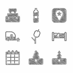 Sticker - Set Marshmallow on stick, Tree, Bed, Calendar, Rv Camping trailer, Location for camping and Bench icon. Vector