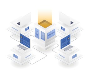 Flat isometric illustration concept. computer network with server analysis