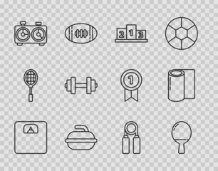 Sticker - Set line Bathroom scales, Racket for playing table tennis, Award over sports winner podium, Stone curling game, Time chess clock, Dumbbell, Sport expander and Fitness mat roll icon. Vector