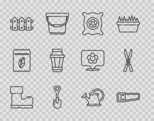 Sticker - Set line Waterproof rubber boot, Hand saw, Pack full seeds plant, Shovel, Garden fence wooden, light lamp, Watering can and Gardening handmade scissors icon. Vector