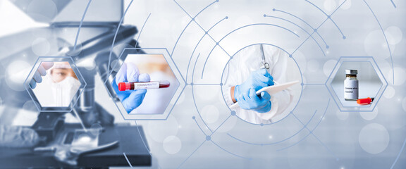 Various photos Medical healthcare science research and development microscope computer technology concept, developing medicine medication for people sickness illness disease, blue banner background.