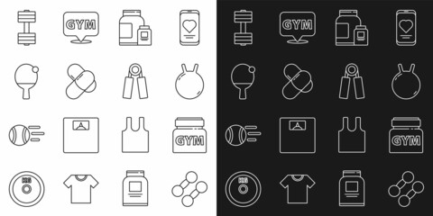 Canvas Print - Set line Dumbbell, Sports nutrition, Kettlebell, Racket and ball, and expander icon. Vector