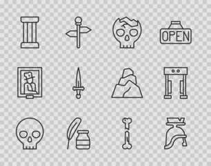 Sticker - Set line Human skull, Roman army helmet, Broken human, Feather and inkwell, Ancient column, Dagger, broken bone and Metal detector icon. Vector