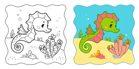 Wall Mural - Marine background. Coloring book or Coloring page for kids. Sea Horse vector clipart