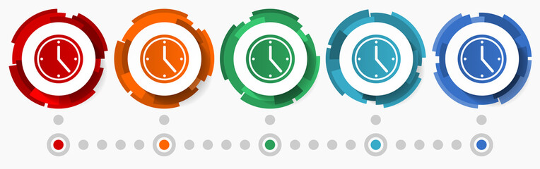 Fototapete - Clock, watch, time concept vector icon set, modern design abstract web buttons in 5 color options, infographic template