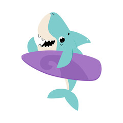 Sticker - Comic Blue Shark as Marine Animal with Surfboard Smiling and Waving Fin Vector Illustration