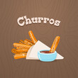 Churros icon. Illustration of traditional spanish sweet dessert and chocolate dip on a dark wood background. Vector 10 EPS.