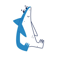 Sticker - Cute Blue Shark as Sea Animal with Dorsal Fin Sitting Vector Illustration