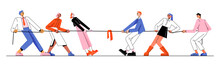 Tug Of War Competition, Two Teams Pull Rope. Active Game For Business Teamwork, Solution Conflicts. Vector Flat Illustration Of People Groups Play Pulling Rope, Office Contest
