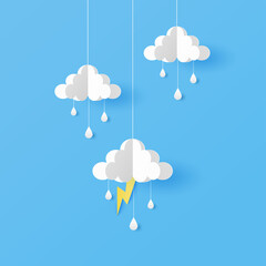 Wall Mural - Paper cut of clouds and drops rain  with lightning on blue background. Vector illustration