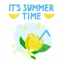Template For A Bright Summer Card Or Poster With Lemon, Lemon Slices, A Hand-drawn Doodle In A Flattened Style. Lemon With A Straw For Lemonade. Handwritten Text.