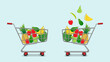 Shopping trolley and basket of food from grocery purchases. Paper bag and plastic of food like fruits, vegetable, bread, bottle of water in flat style vector illustration. Retail super market goods. 
