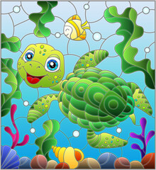 Illustration in the style of stained glass with bright cartoon turtle on the background of the sea floor, fish and water