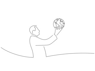 Wall Mural - Ecology and climate change concept in line art drawing style. Composition of a man holding an earth globe. Black linear sketch isolated on white background. Vector illustration design.