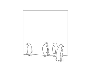 Sticker - Global warming and climate change concept in line art drawing style. Composition of penguins surviving. Black linear sketch isolated on white background. Vector illustration design.
