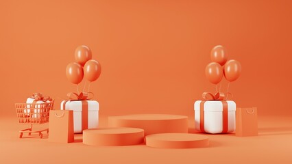 Wall Mural - 3d rendering of promotion sale with orange podium gifts, shopping bag and balloon on minimal orange background.