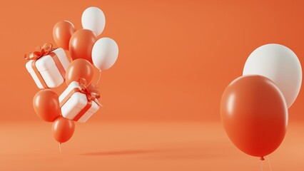 3d rendering of promotion sale with orange podium gifts, shopping bag and balloon on minimal orange background.