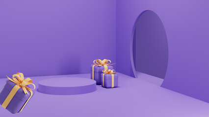 3d rendering of promotion sale with gifts, shopping bag and credit card on purple background. 3d rendering