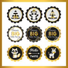 Baby Shower Twins Toppers Or Sticker With Gold And Black Theme