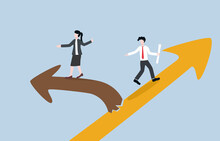 Withdrawal From Business Due To Team Conflict, Different Target Direction, Member Discord Concept. Businesswoman Walking Away From Direction Of Coworker To Her Own Way. 