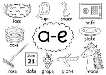 A-e digraph spelling rule black and white educational poster for kids with words. Learning phonics for school and preschool. Phonetic worksheet. Vector illustration