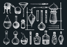 Hand-sketched Glass Equipment Collection For Perfumery And Cosmetics Making. Chemicals And Alchemy Glassware Illustration On Chalkboard. Perfume Bottles, Jars, Flasks Drawings In Engraved Style