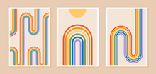 Set Of Abstract Posters With Rainbow And Sun Or Moon. Contemporary Minimalist Background In Modern Boho Style. Mid Century Wall Decor, Art Print With LGBT Symbol. Pride Patterns. Vector Illustration.