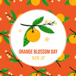 National Orange Blossom Day vector cartoon greeting card, illustration with orange hanging on a branch with flowers and seamless pattern background. June 27.
