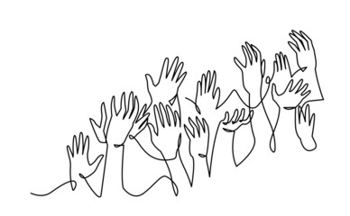 Cheerful crowd cheering illustration. Hands up. Group of applause people continuous one line vector drawing. Hands of audience silhouette hand drawn. Women and men standing at concert, meeting