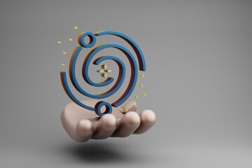 Poster - Beautiful abstract illustrations Golden Hand Holding Galaxy and start symbol icon on a gray background. 3d rendering illustration. Space exploration.