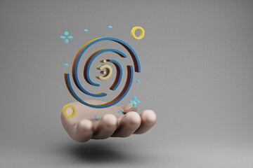 Poster - Beautiful abstract illustrations Golden Hand Holding Galaxy and start symbol icon on a gray background. 3d rendering illustration. Space exploration.