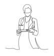 Minimalist female medical worker. Beautiful young lady doctor with stethoscope and apron in standing position continuous one line vector illustration