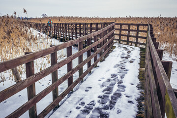 Canvas Print - Empty bridge over channels of River Narew in Waniewo village, Podlasie region, Poland