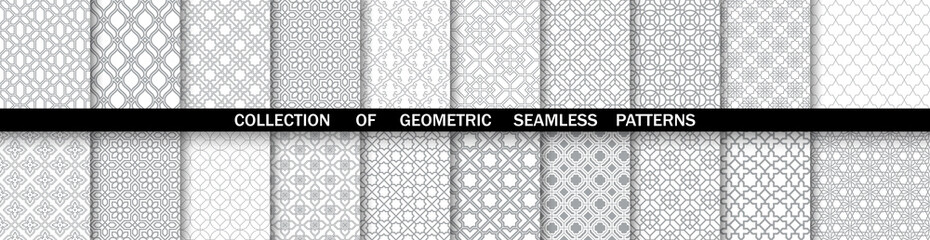 Geometric collection of gray and white patterns. Seamless vector backgrounds. Simple graphics.