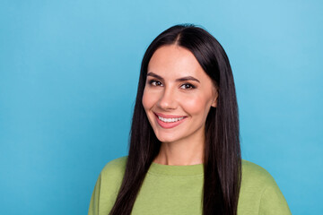 Sticker - Portrait of good looking cheerful positive young businesswoman with long silky hair isolated on blue color background