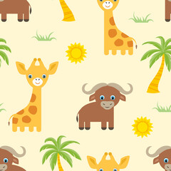 Cute African animals seamless pattern. Vector babies background. Cartoon flat illustration of giraffe, buffalo, grass, sun and palm tree on yellow.