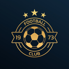 Football logo. Soccer club or team emblem, badge, icon design with a ball. Sport tournament, league, championship label. Vector illustration.