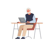 Happy Elderly Man Is Working On A Laptop. Freelance, Online Training, Email Checking, Webinar. Elderly Man At Table In The Office. Flat Vector Illustration.
