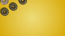 Tasty Milk And White Chocolate Glazed Donuts Appears And Disappears On Yellow Abstract Background Diagonally. Tasty Unhealthy Food