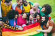 © DisobeyArt - Diverse people having fun holding LGBT rainbow flag outdoor - Focus on bald girl face