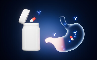 Wall Mural - Medication for stomach illness, molecules and stomach, 3d rendering.