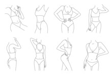 Vector Set Of Beautiful Women Body Illustrations. Minimalist Linear Female Figure. Abstract Lingerie, Bikini Sensual Line Art. Body Positive.