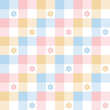 Floral Pattern For Spring Summer. Colorful Pastel Abstract Vichy Tartan Check Plaid With Daisy Flowers In Blue, Pink, Yellow, White For Gift Paper, Tablecloth, Picnic Blanket, Fashion Textile Print.