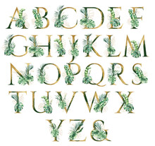 Golden Alphabet Letters Decorated With Green And Golden Watercolor Tropical Leaves Isolated