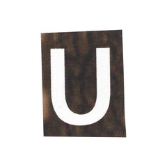 letter u magazine cut out font, ransom letter, isolated collage elements for text alphabet. hand made and cut, high quality scan. halftone pattern and texture detail. newspaper and scraps