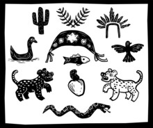 Wildlife, Animals And Plants In Woodcut Style. Icons Of The Brazilian Northeast.