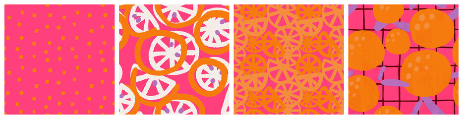 Wall Mural - Colorful citrus, pink grapefruit seamless pattern set with modern abstract graphic. Whole fruit and slices in pink, orange and lilac colors. Kitchen textile, product packaging background vector design