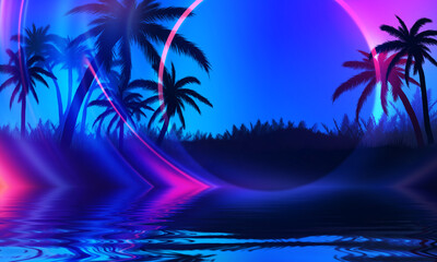 Wall Mural - Silhouettes of tropical palm trees against an abstract background with a dark cloud. Reflection of palm trees in the water. Geometric figure in neon glow. Beach party. 3d illustration